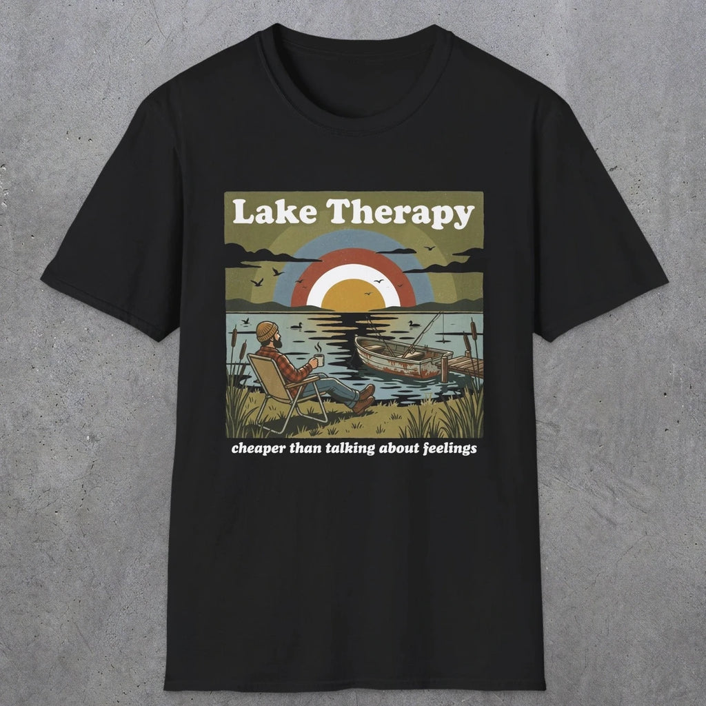 002 Lake therapy, cheaper than talking about feelings | Funny Dad T-Shirt | RustyDad