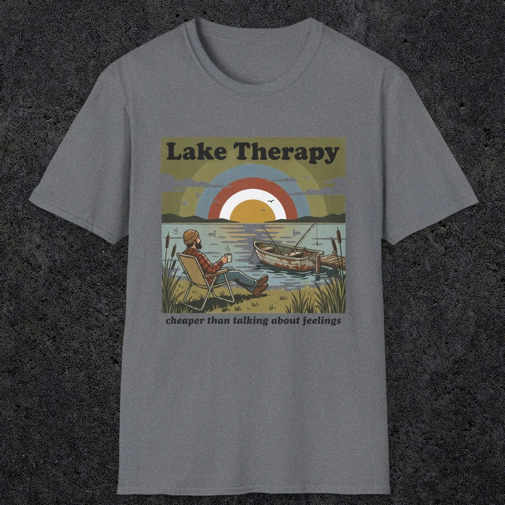 002 Lake therapy, cheaper than talking about feelings | Funny Dad T-Shirt | RustyDad
