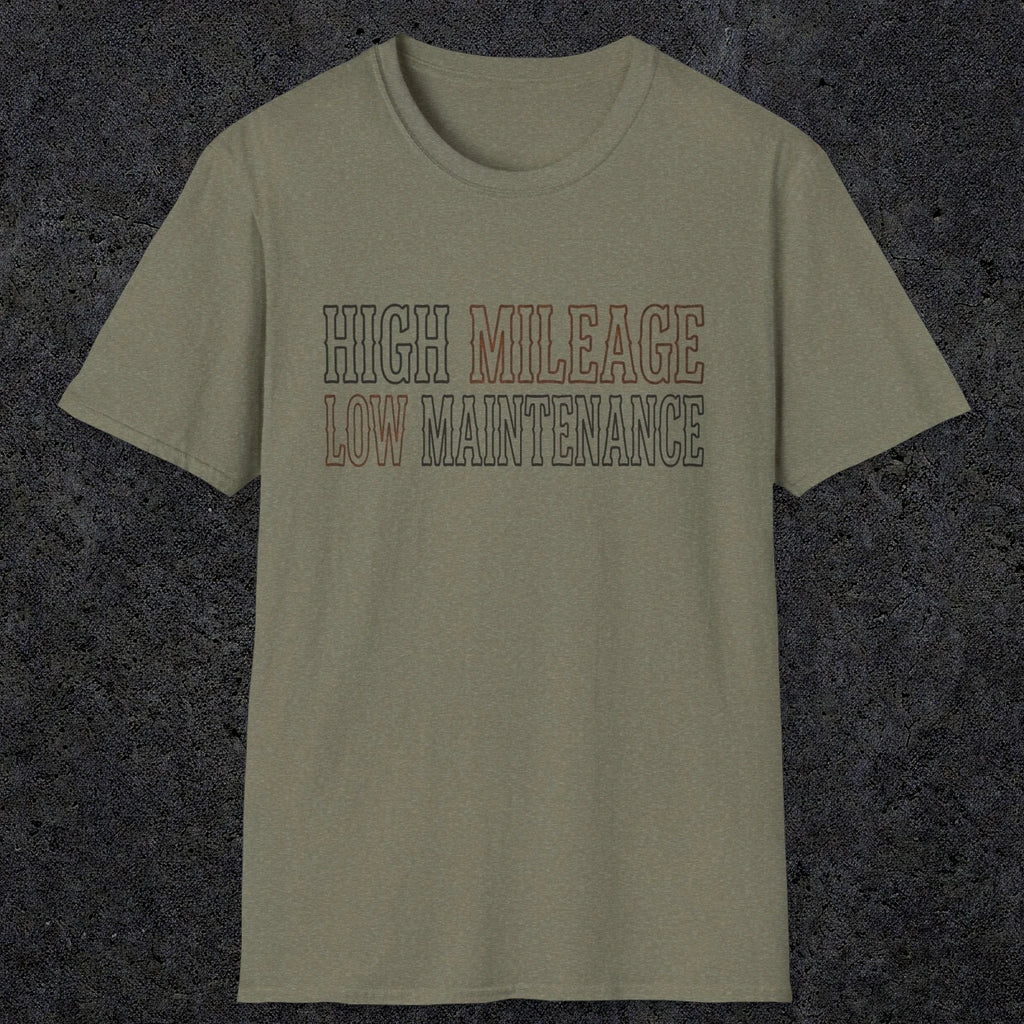 0043 High Mileage Low maintenance | Funny Dad T-Shirt | RustyDad