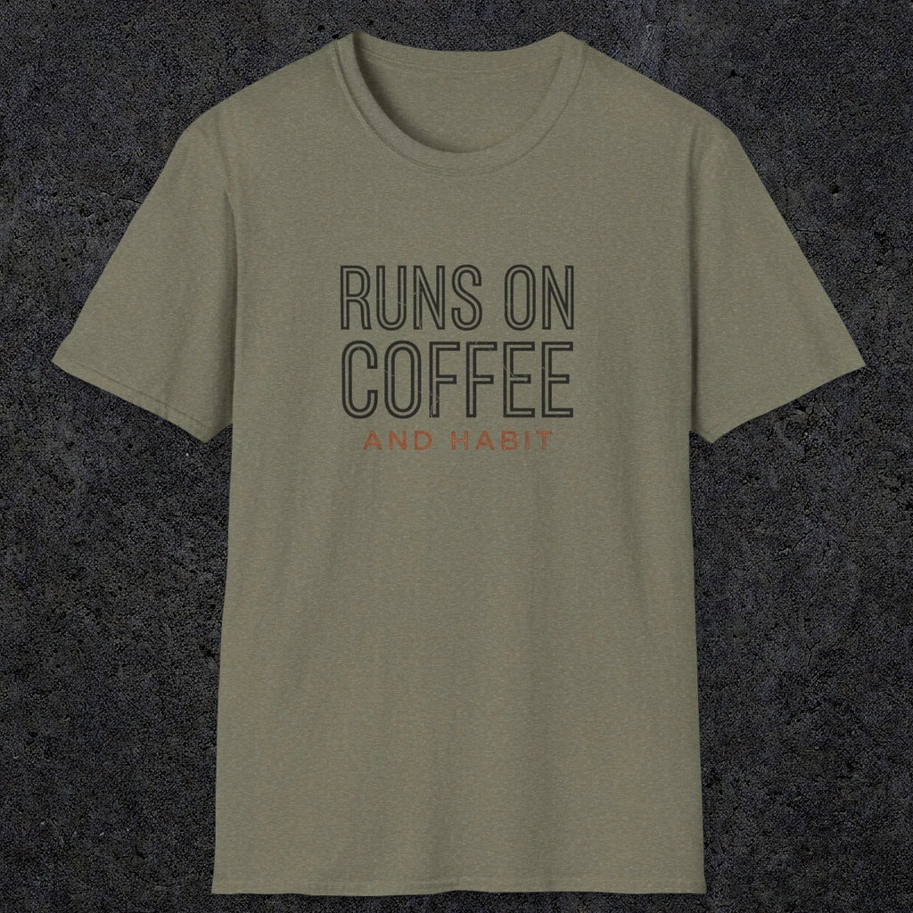 0013 Runs on coffee and habit | Funny Dad T-Shirt | RustyDad