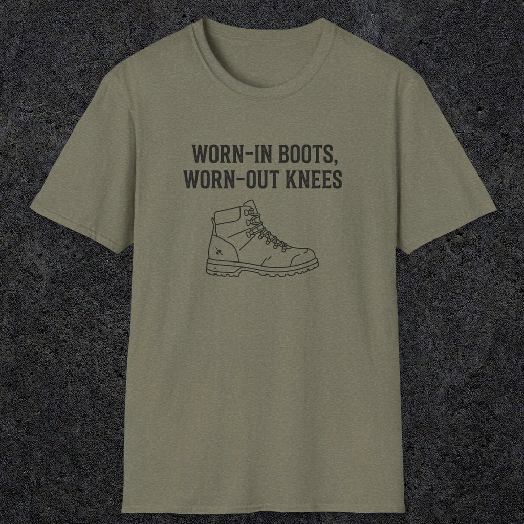0115 Worn-in boots, worn-out knees | Funny Dad T-Shirt | RustyDad