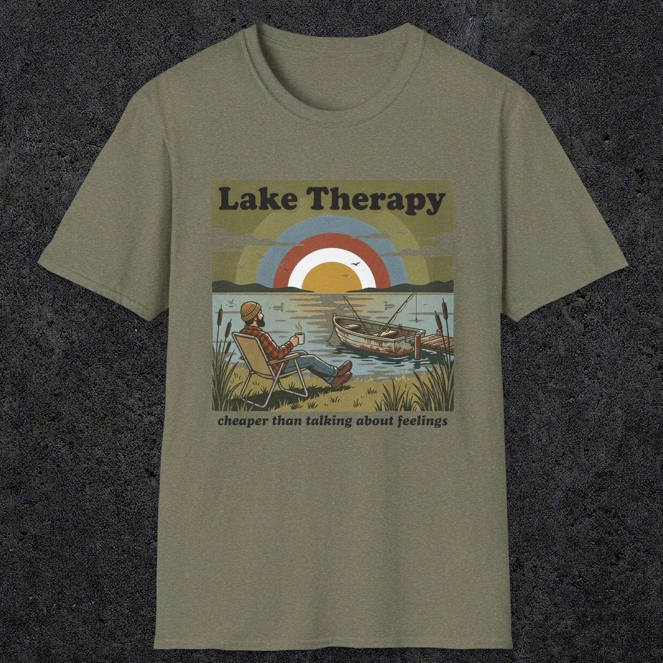 002 Lake therapy, cheaper than talking about feelings | Funny Dad T-Shirt | RustyDad