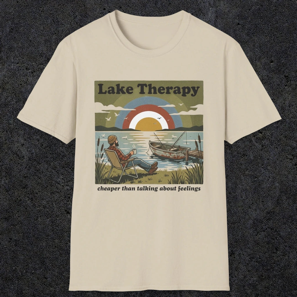 002 Lake therapy, cheaper than talking about feelings | Funny Dad T-Shirt | RustyDad