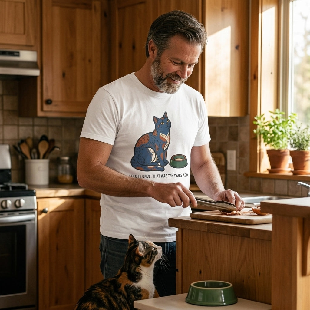 Great gift for cat dads, husbands who lost the battle of the food bowl, and men living with persistent pets.