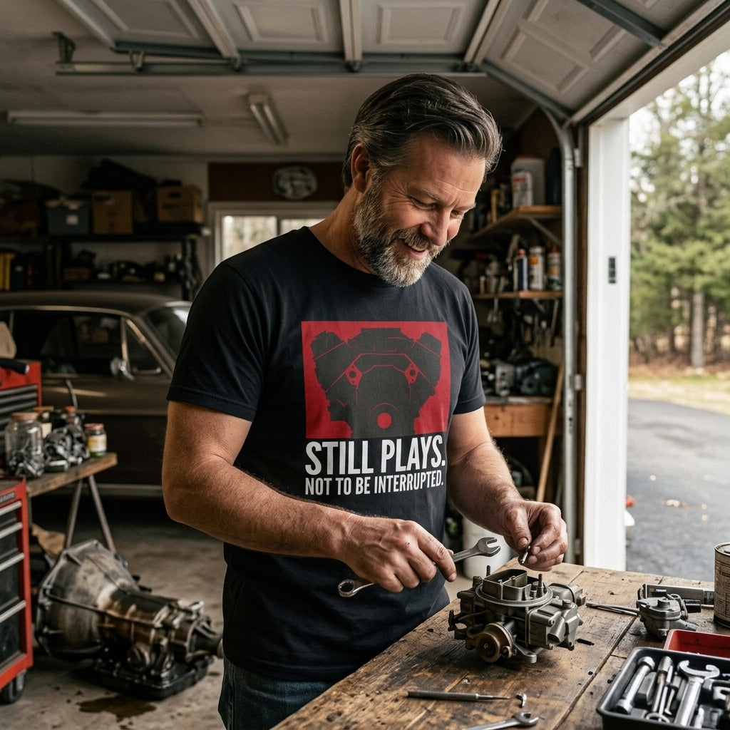 Great gift for garage dads, engine guys, and any spouse who has learned to send a text before walking out there.