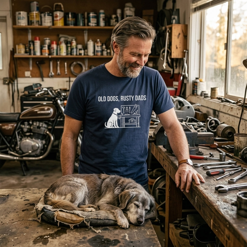 Great gift for dads who spend their Saturdays in the garage with a dog and a half-finished project.
